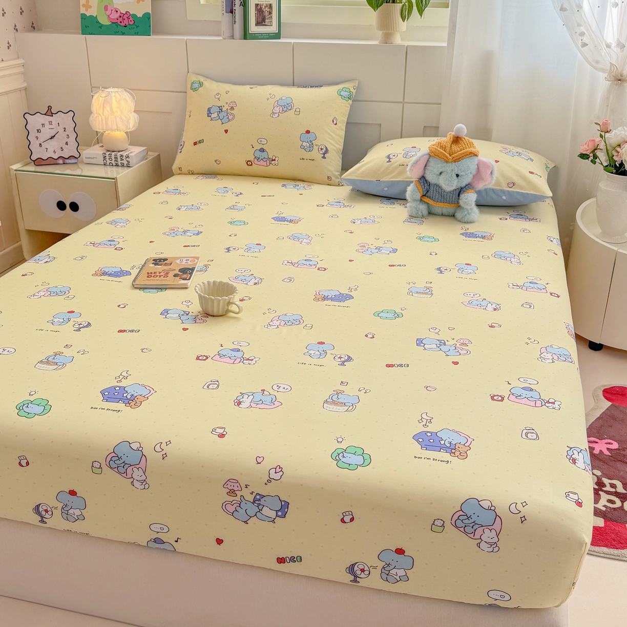 91家纺网 家纺一手货源 找家纺 博雅 2026新款全棉纯棉小卡通印花单床笠床笠单件 晚安小象