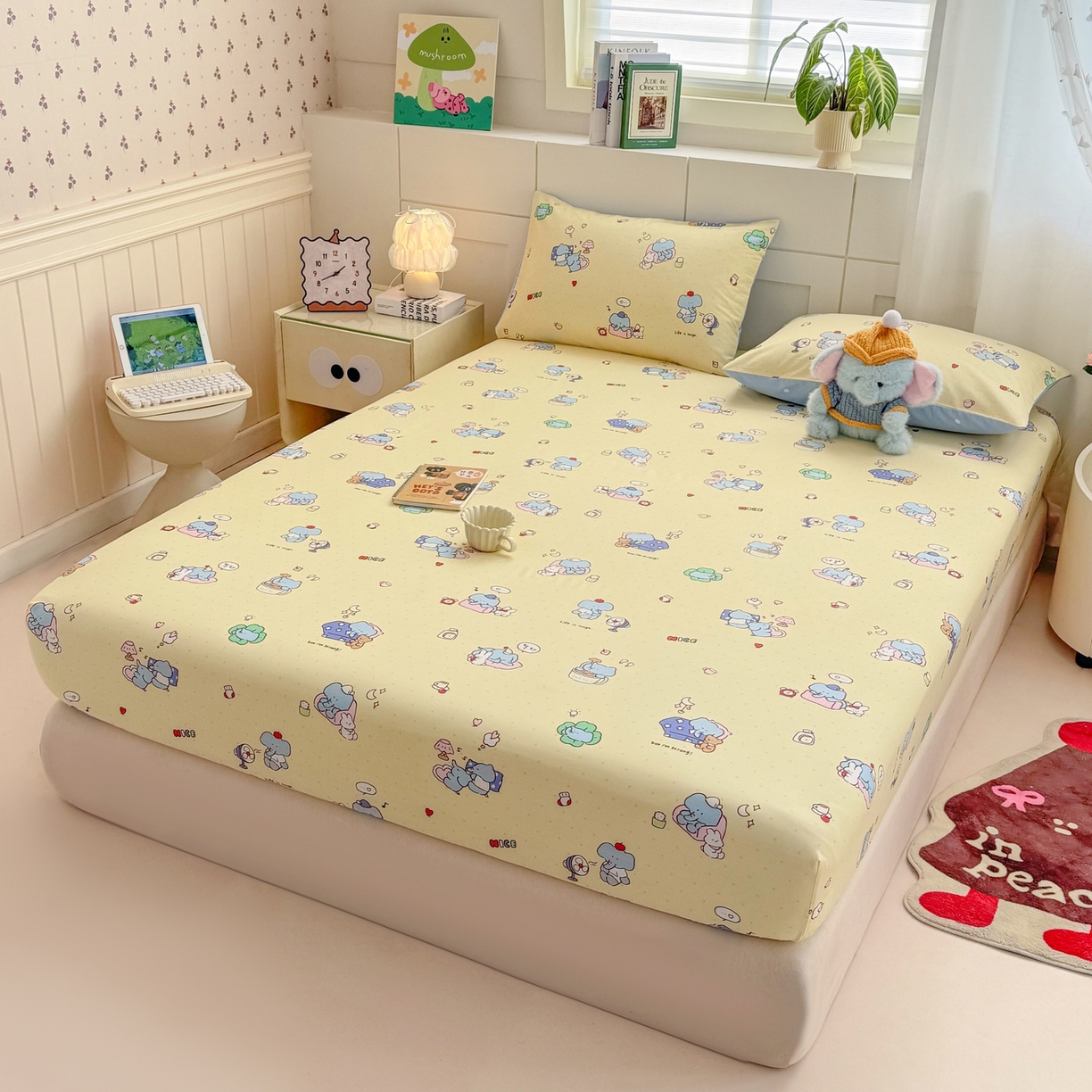 91家纺网 家纺一手货源 找家纺 博雅 2026新款全棉纯棉小卡通印花单床笠床笠单件 晚安小象