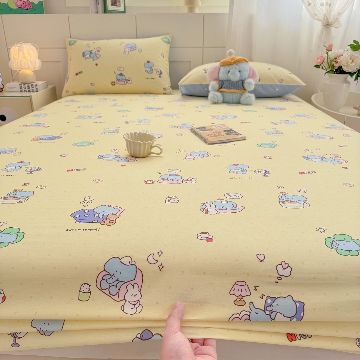 91家纺网 家纺一手货源 找家纺 博雅 2026新款全棉纯棉小卡通印花单床笠床笠单件 晚安小象