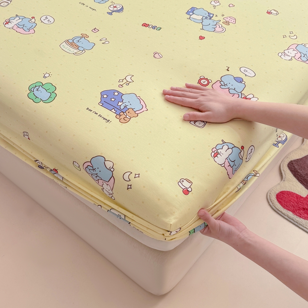 91家纺网 家纺一手货源 找家纺 博雅 2026新款全棉纯棉小卡通印花单床笠床笠单件 晚安小象