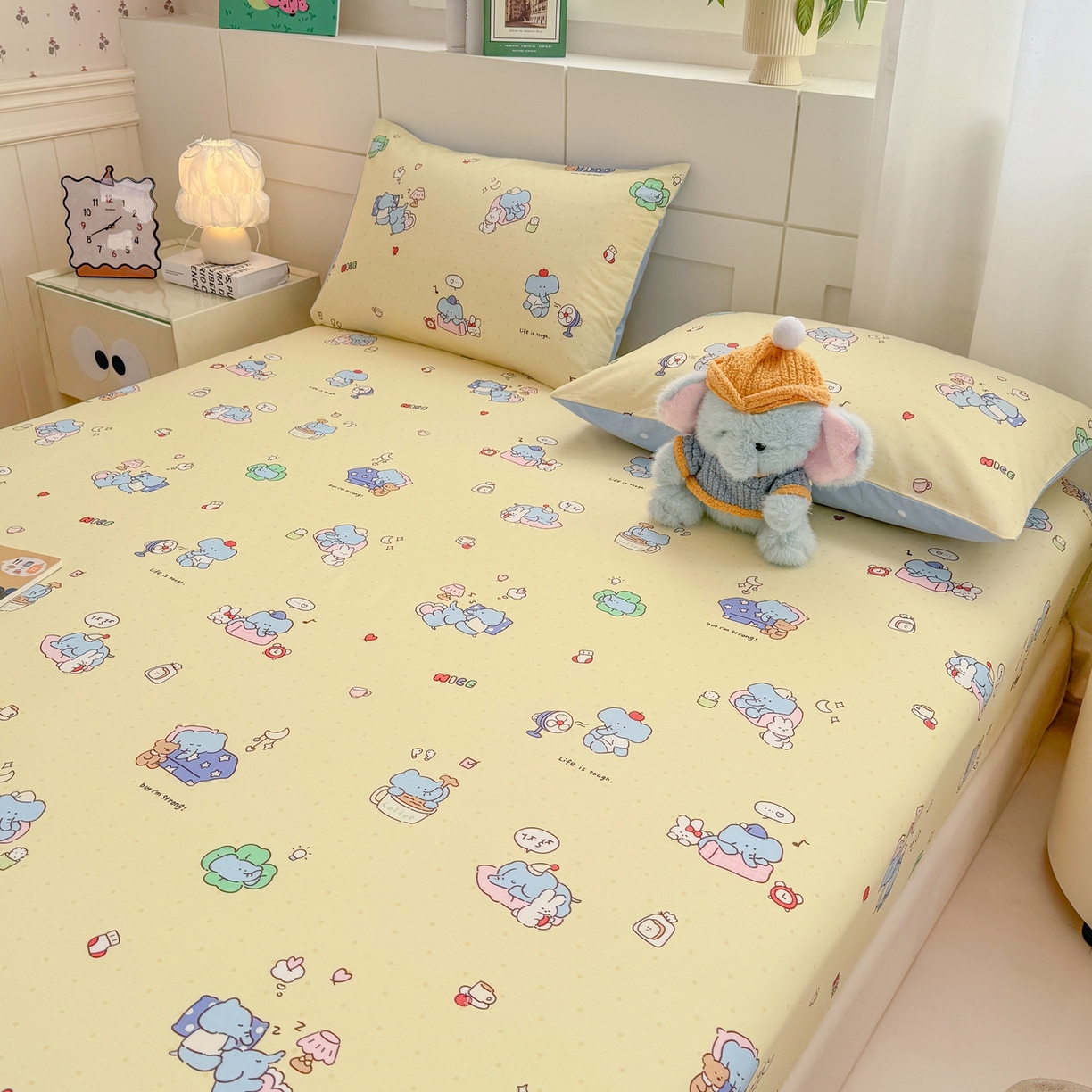 91家纺网 家纺一手货源 找家纺 博雅 2026新款全棉纯棉小卡通印花单床笠床笠单件 晚安小象