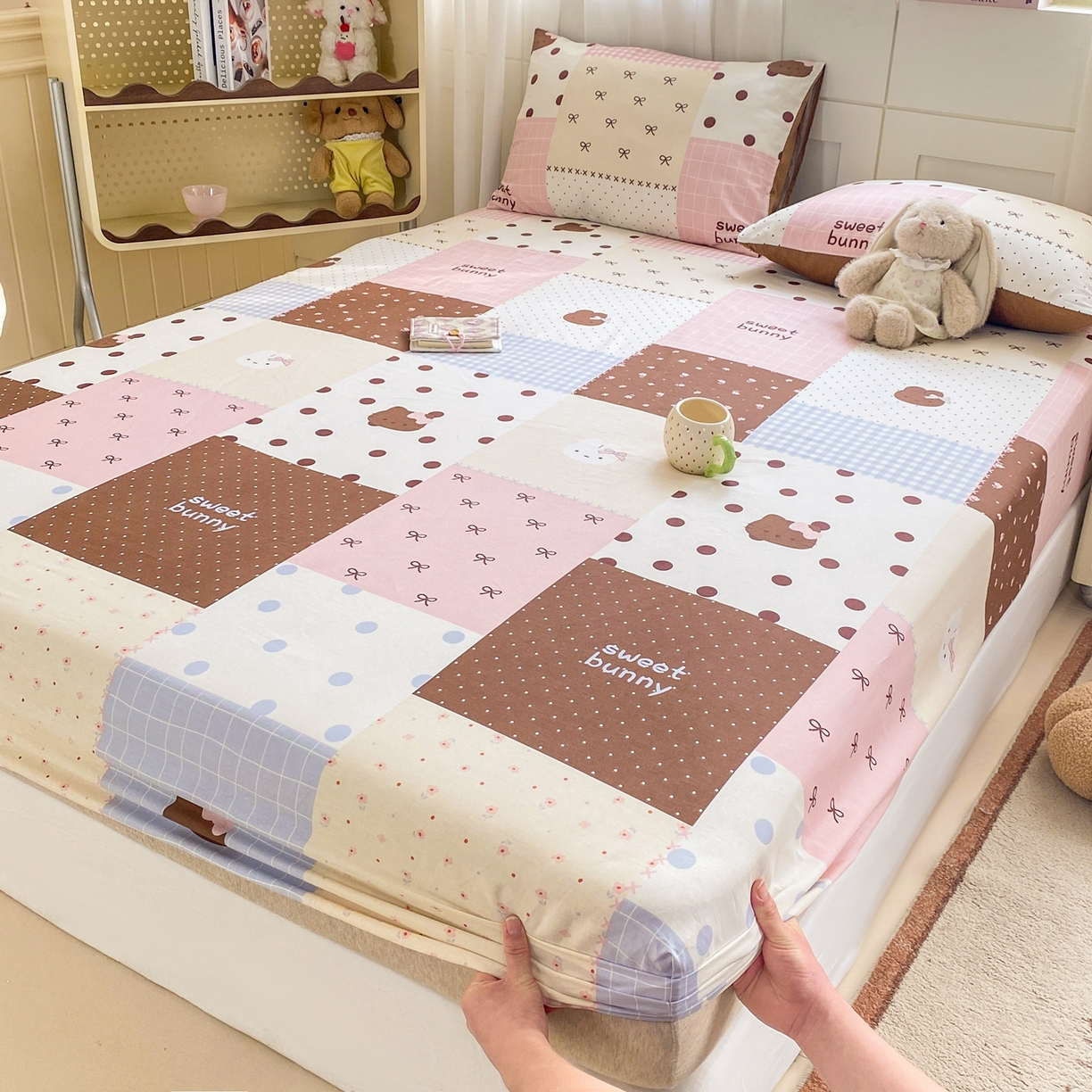 博雅 2026新款全棉纯棉小卡通印花单床笠床笠单件 小版-咖格蝴蝶结喵