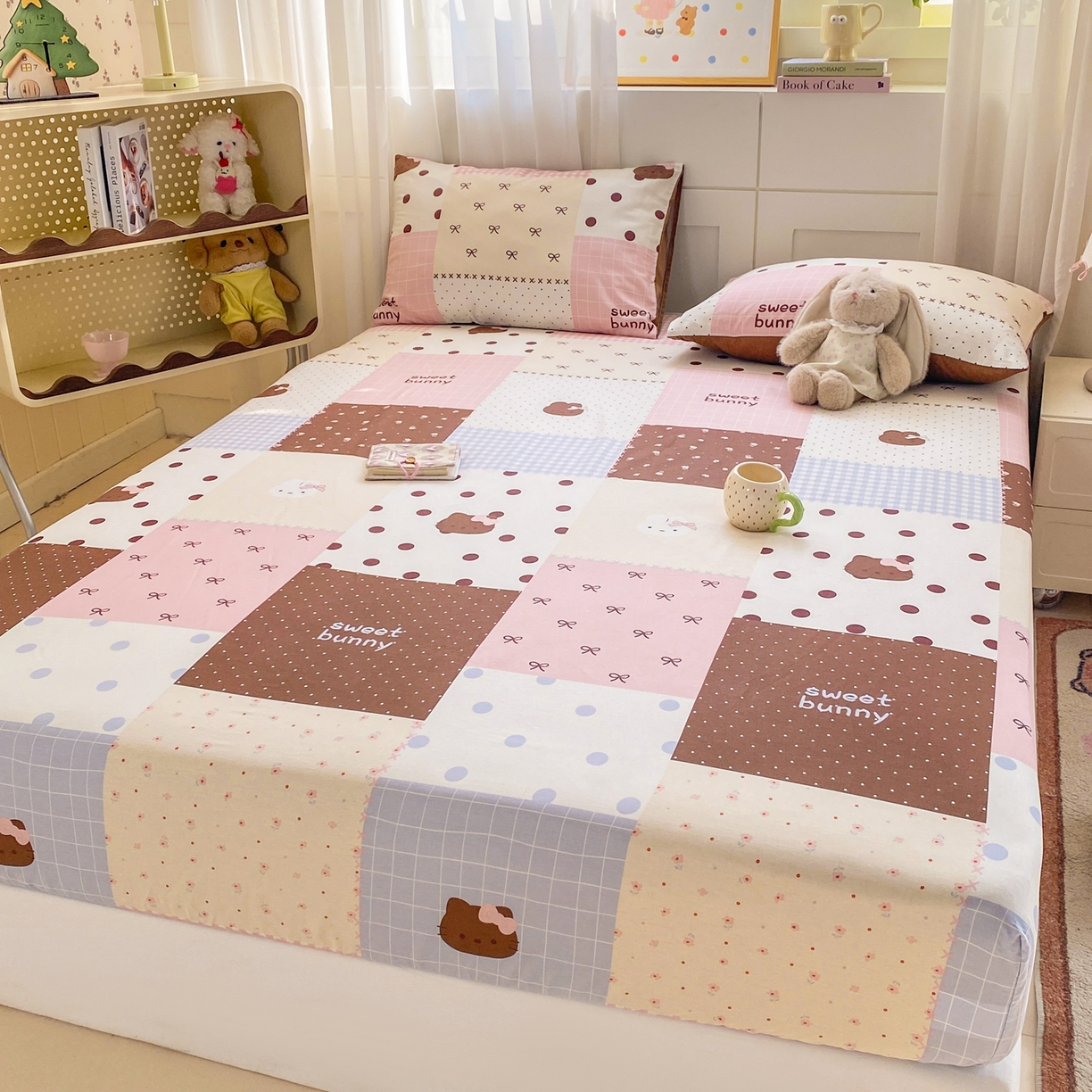 91家纺网 家纺一手货源 找家纺 博雅 2026新款全棉纯棉小卡通印花单床笠床笠单件 小版-咖格蝴蝶结喵