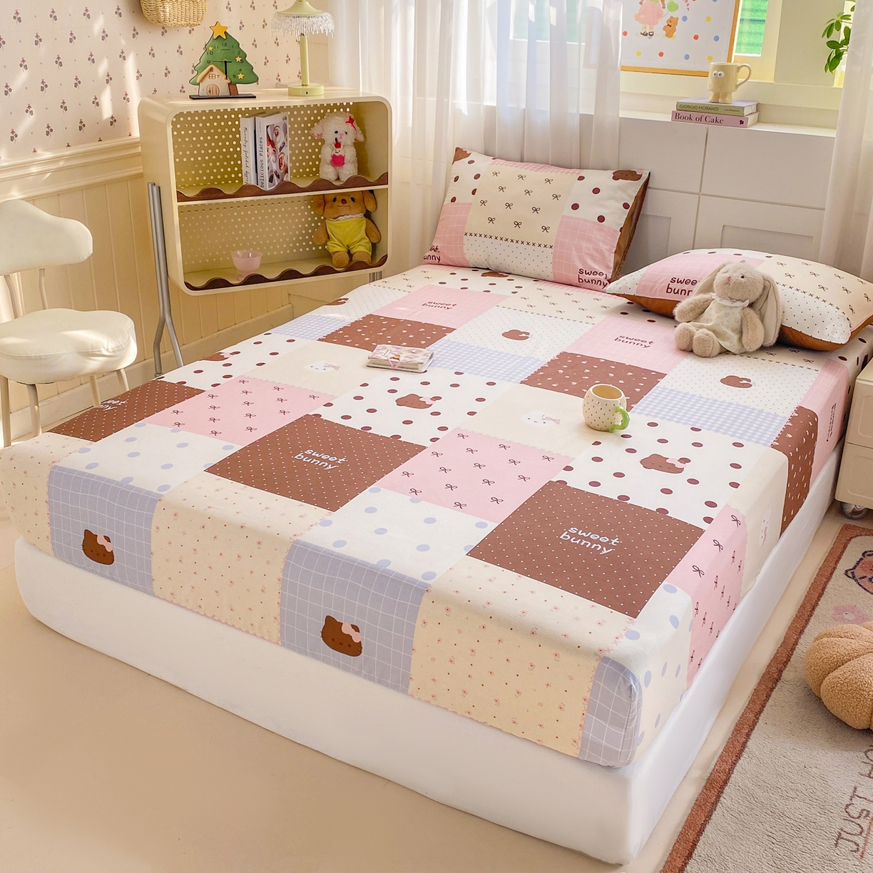 91家纺网 家纺一手货源 找家纺 博雅 2026新款全棉纯棉小卡通印花单床笠床笠单件 小版-咖格蝴蝶结喵