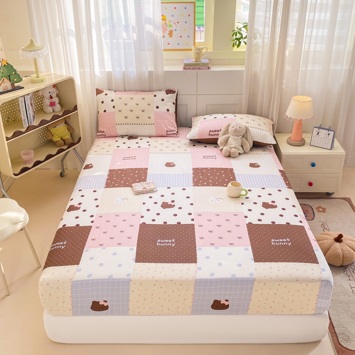 91家纺网 家纺一手货源 找家纺 博雅 2026新款全棉纯棉小卡通印花单床笠床笠单件 小版-咖格蝴蝶结喵