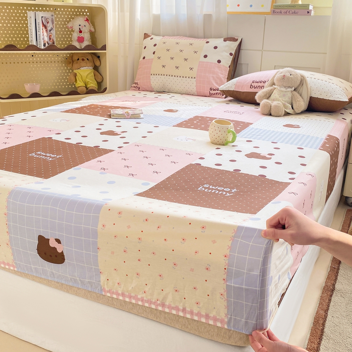 91家纺网 家纺一手货源 找家纺 博雅 2026新款全棉纯棉小卡通印花单床笠床笠单件 小版-咖格蝴蝶结喵