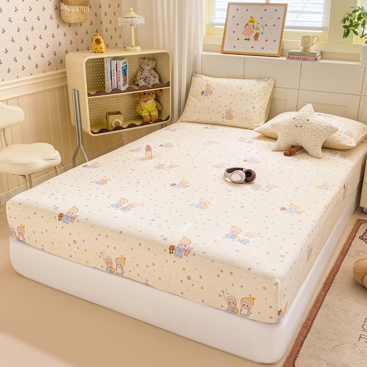 91家纺网 家纺一手货源 找家纺 博雅 2026新款全棉纯棉小卡通印花单床笠床笠单件 小版-可爱玩伴星星人