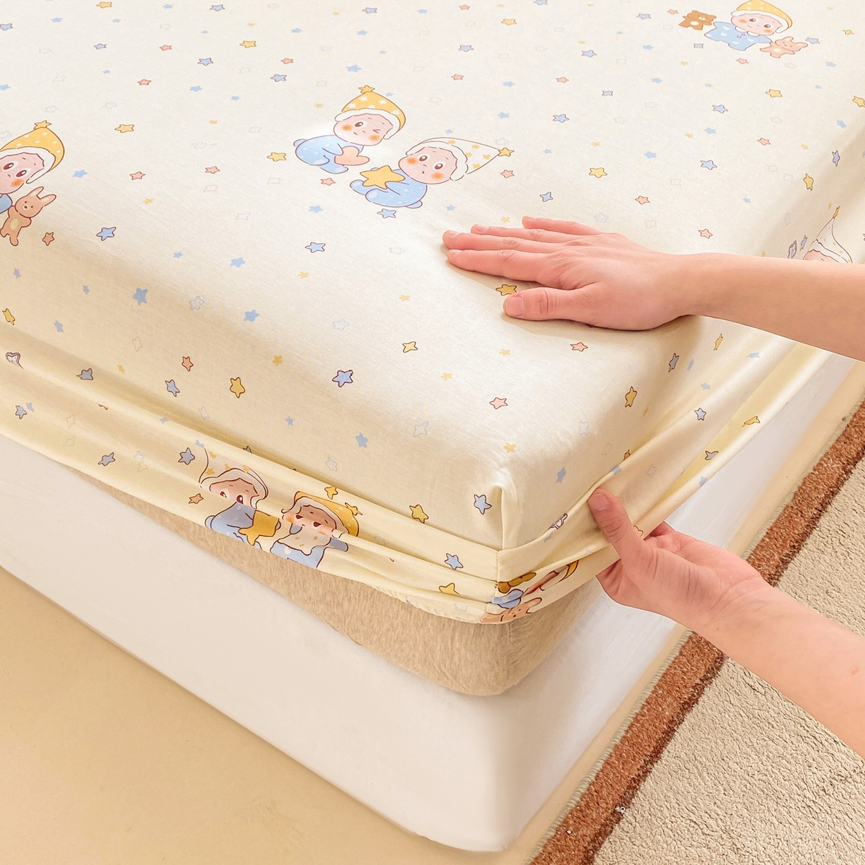 91家纺网 家纺一手货源 找家纺 博雅 2026新款全棉纯棉小卡通印花单床笠床笠单件 小版-可爱玩伴星星人