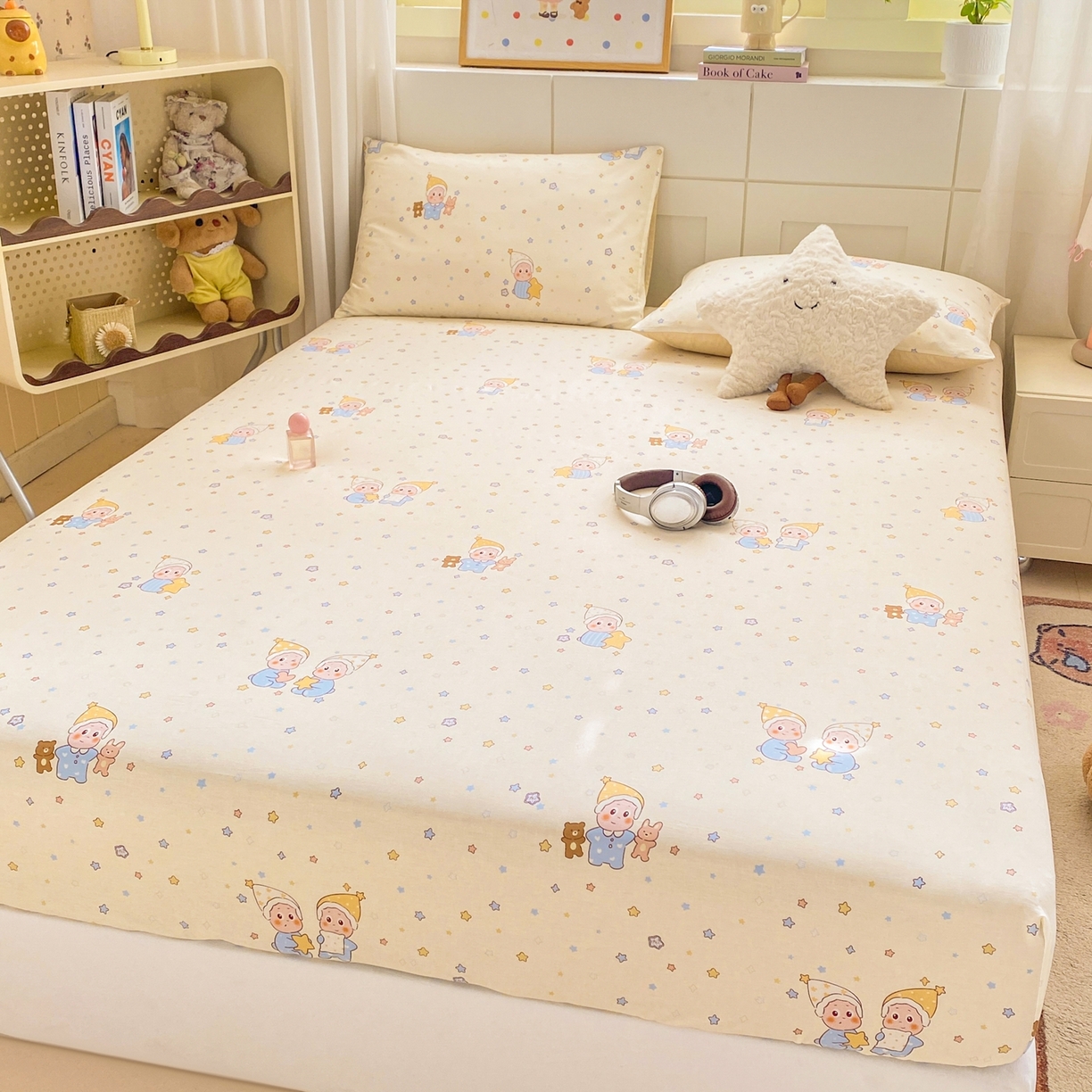 91家纺网 家纺一手货源 找家纺 博雅 2026新款全棉纯棉小卡通印花单床笠床笠单件 小版-可爱玩伴星星人