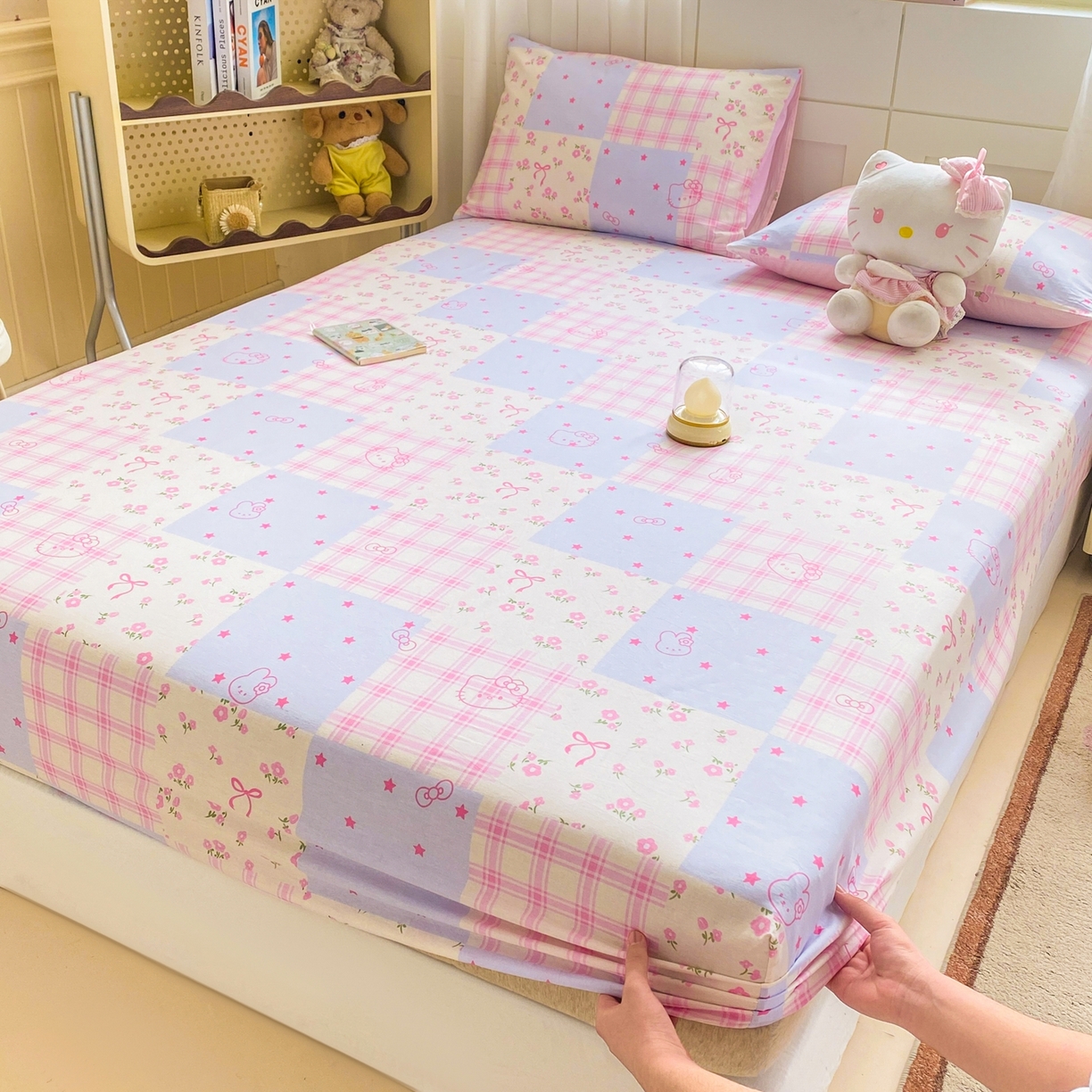 博雅 2026新款全棉纯棉小卡通印花单床笠床笠单件 小版-梦幻格子喵