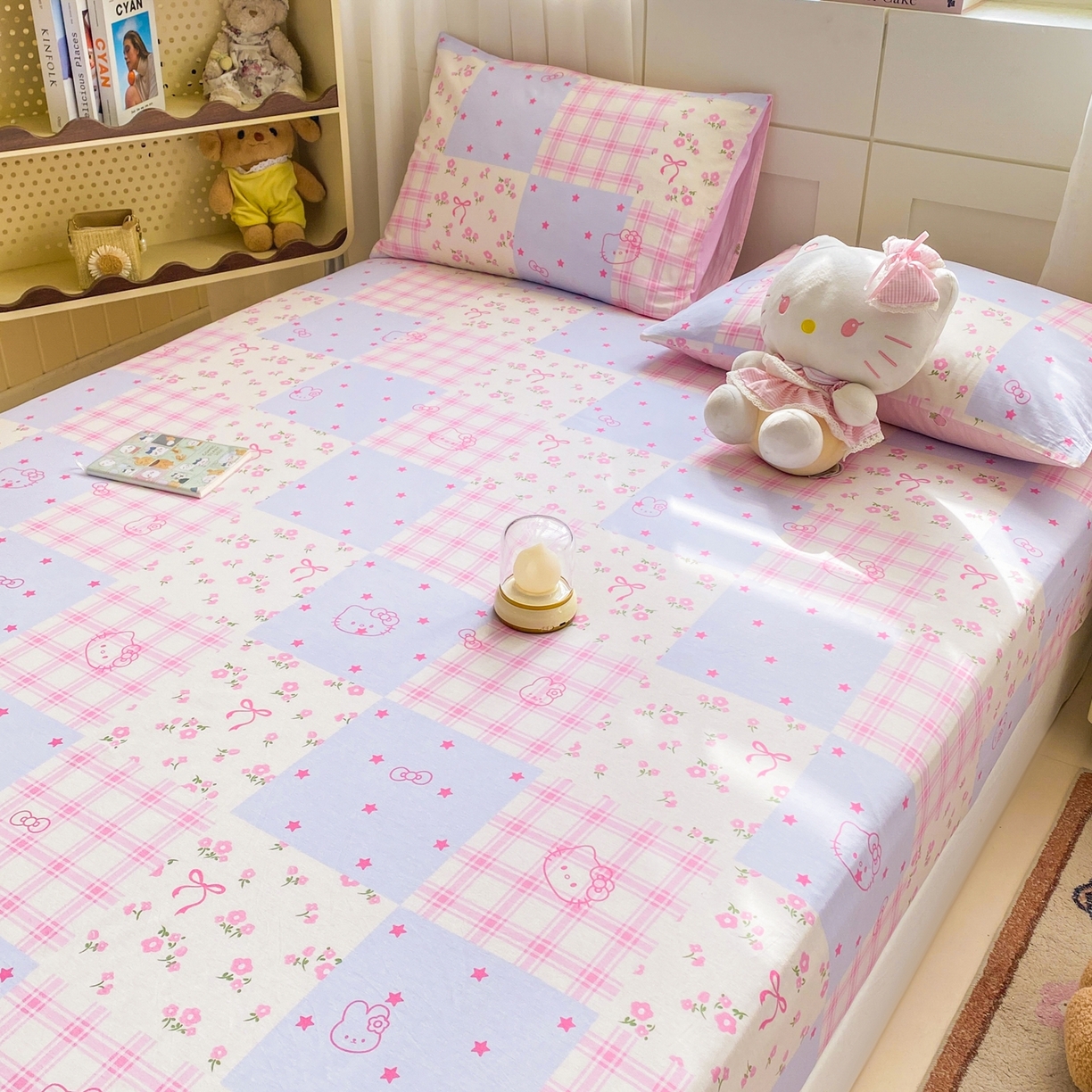 91家纺网 家纺一手货源 找家纺 博雅 2026新款全棉纯棉小卡通印花单床笠床笠单件 小版-梦幻格子喵