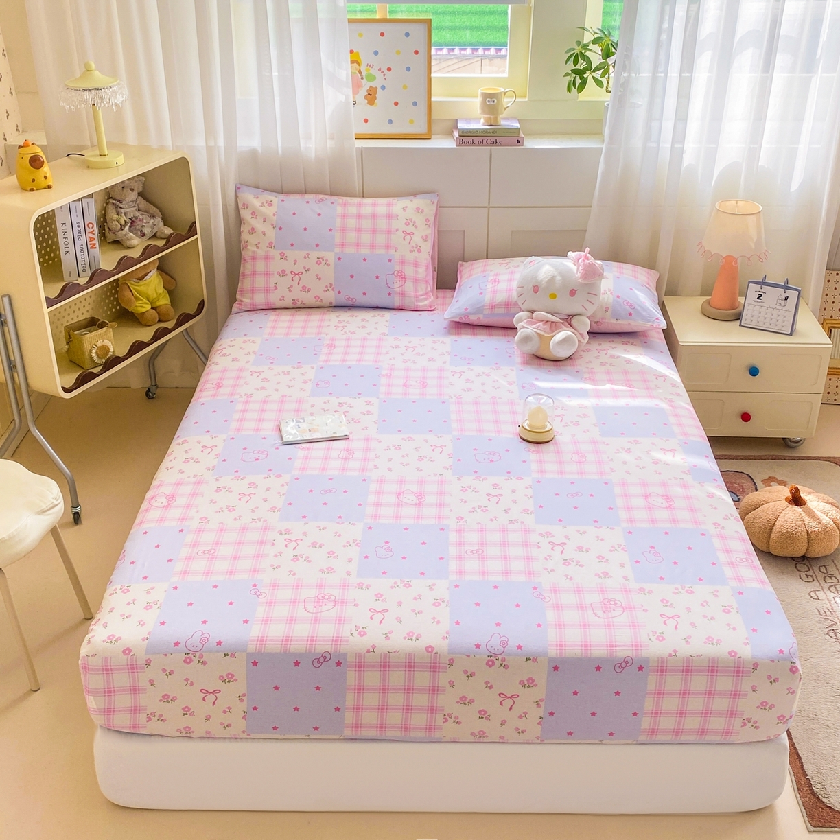 91家纺网 家纺一手货源 找家纺 博雅 2026新款全棉纯棉小卡通印花单床笠床笠单件 小版-梦幻格子喵