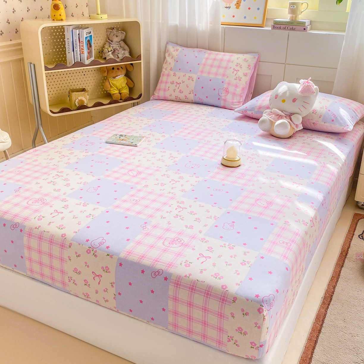 91家纺网 家纺一手货源 找家纺 博雅 2026新款全棉纯棉小卡通印花单床笠床笠单件 小版-梦幻格子喵