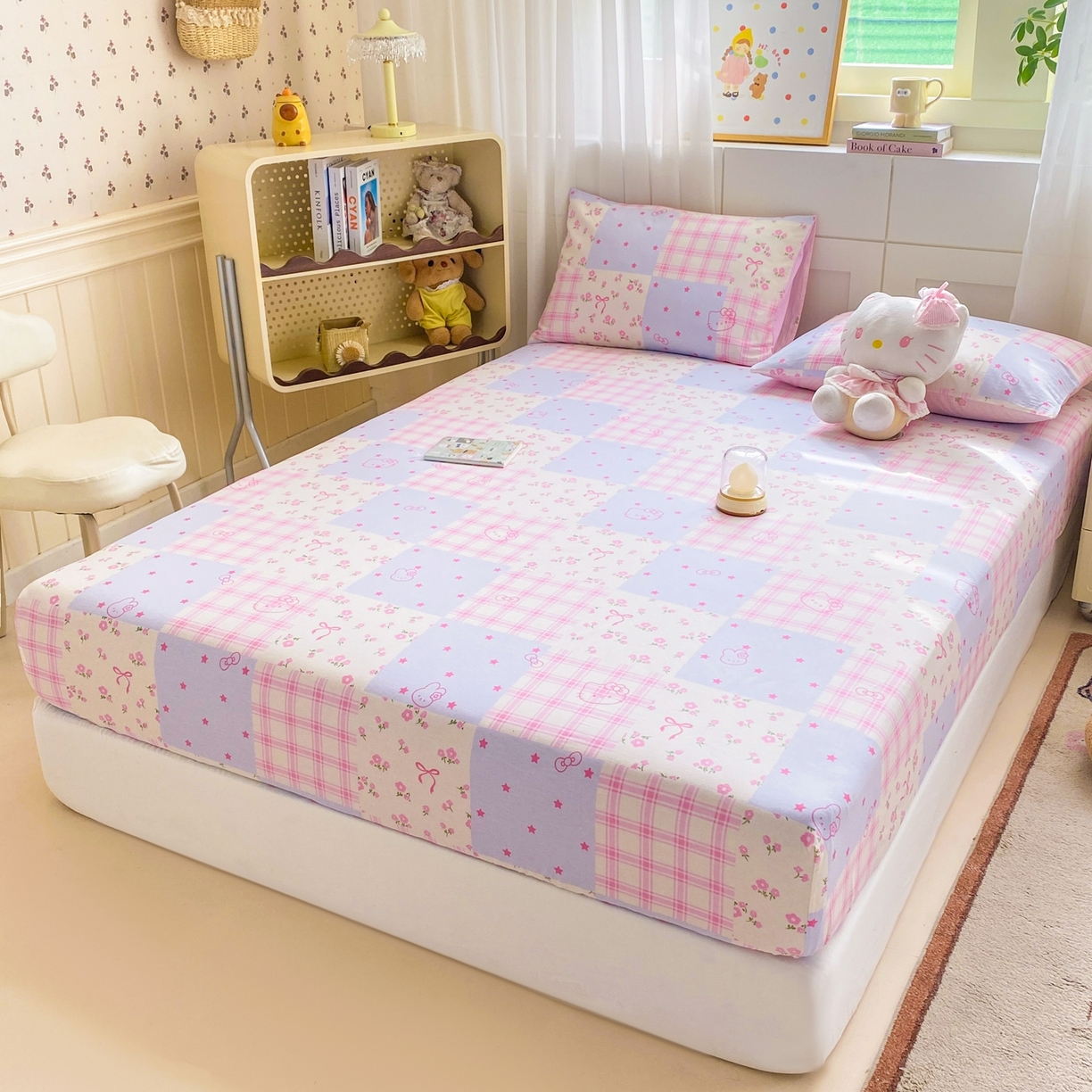 91家纺网 家纺一手货源 找家纺 博雅 2026新款全棉纯棉小卡通印花单床笠床笠单件 小版-梦幻格子喵