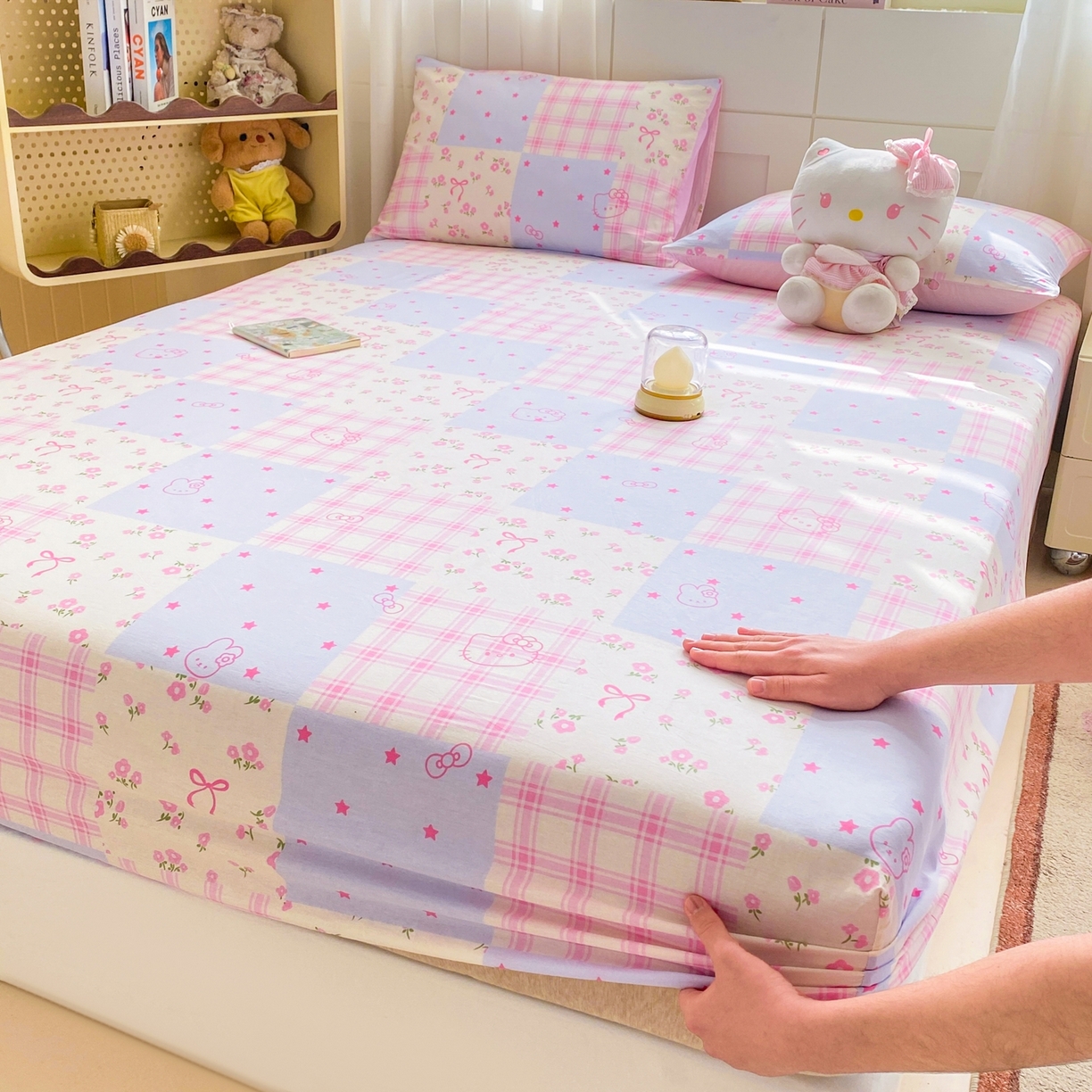 91家纺网 家纺一手货源 找家纺 博雅 2026新款全棉纯棉小卡通印花单床笠床笠单件 小版-梦幻格子喵