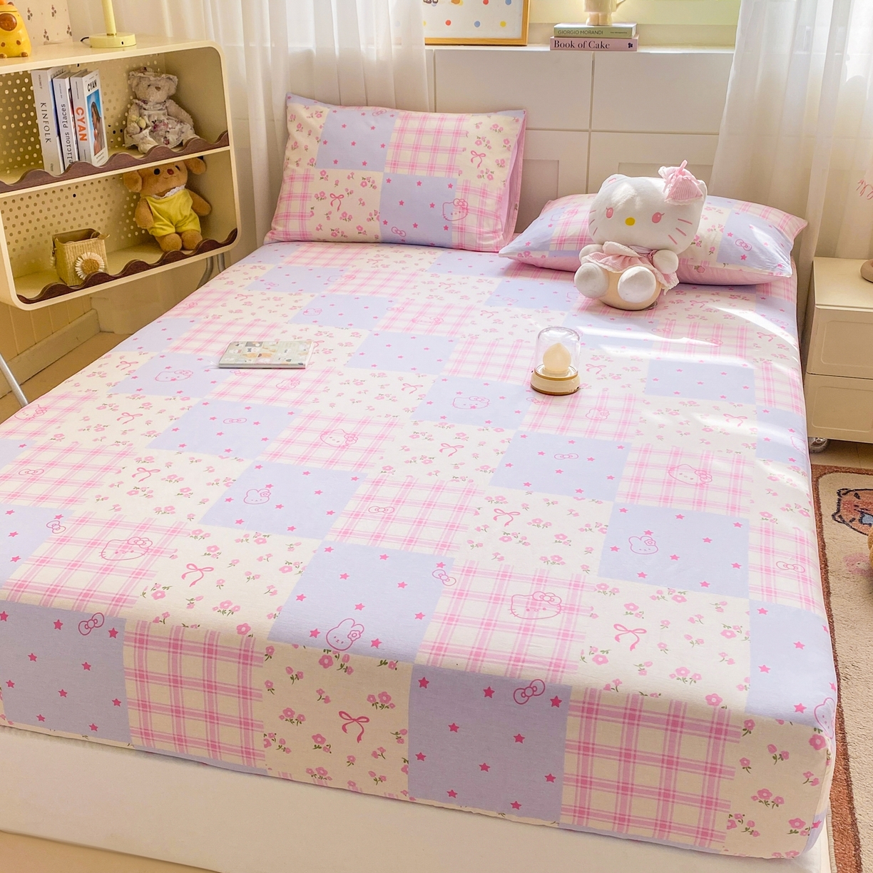 91家纺网 家纺一手货源 找家纺 博雅 2026新款全棉纯棉小卡通印花单床笠床笠单件 小版-梦幻格子喵