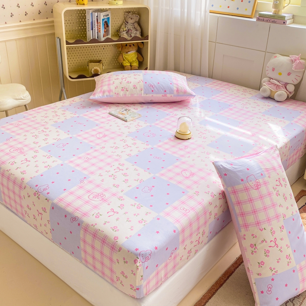 91家纺网 家纺一手货源 找家纺 博雅 2026新款全棉纯棉小卡通印花单床笠床笠单件 小版-梦幻格子喵