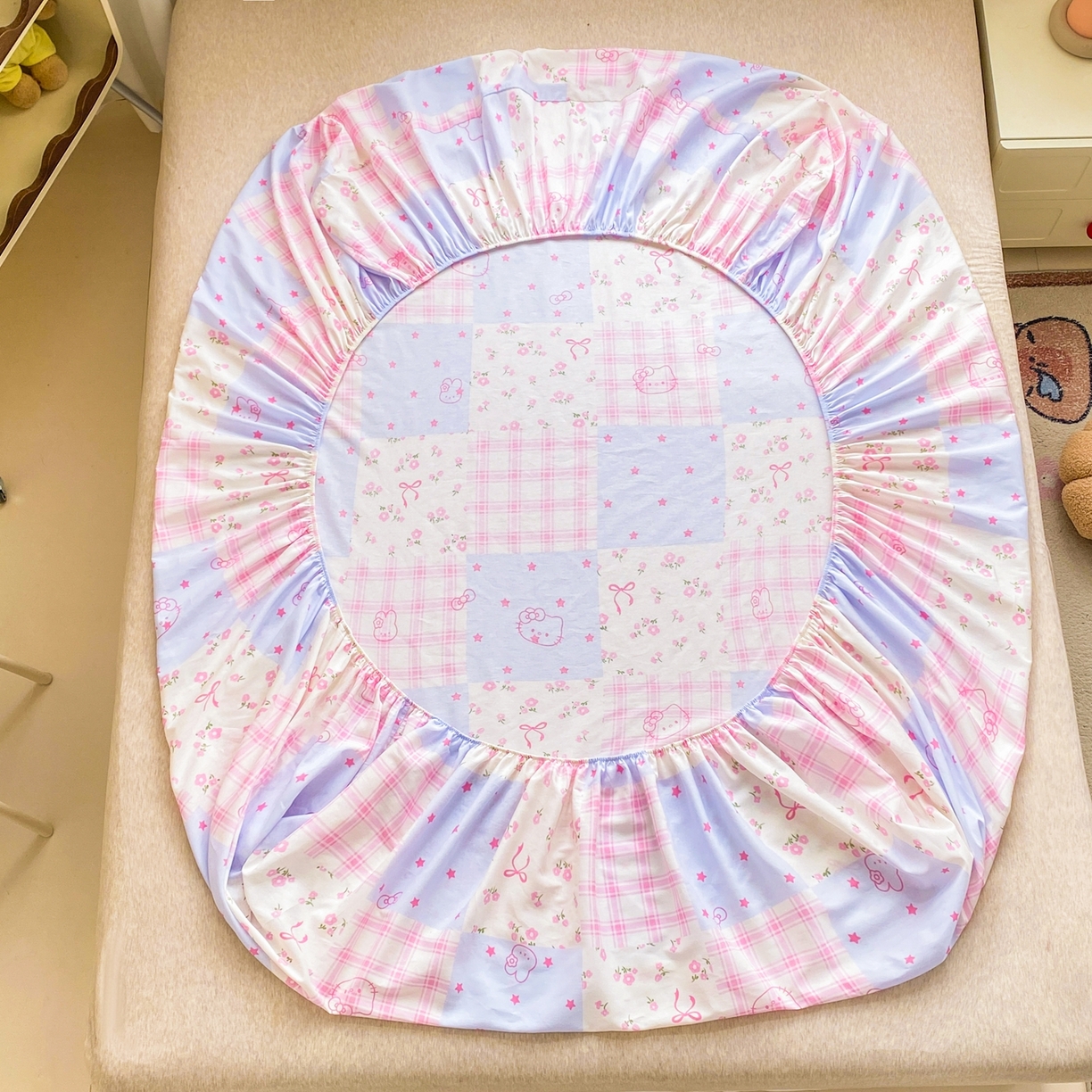 91家纺网 家纺一手货源 找家纺 博雅 2026新款全棉纯棉小卡通印花单床笠床笠单件 小版-梦幻格子喵