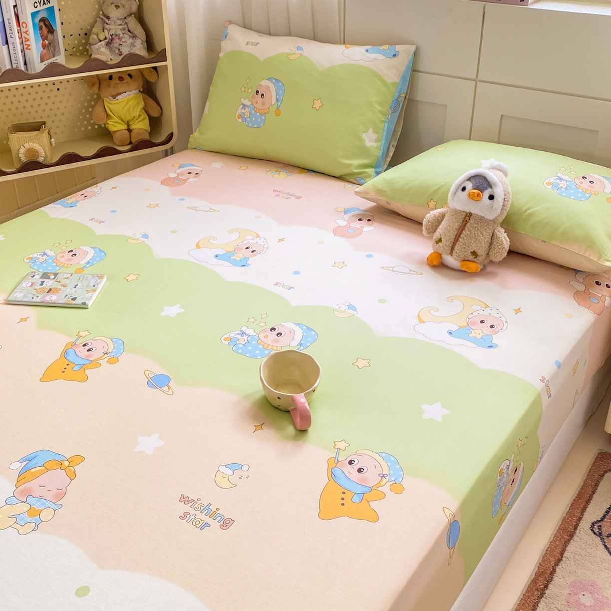 91家纺网 家纺一手货源 找家纺 博雅 2026新款全棉纯棉小卡通印花单床笠床笠单件 小版-魔法棒星星人