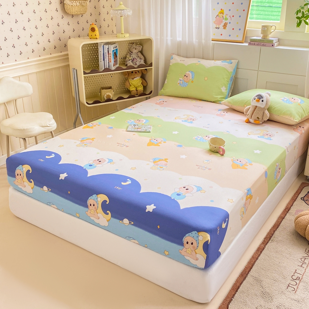 91家纺网 家纺一手货源 找家纺 博雅 2026新款全棉纯棉小卡通印花单床笠床笠单件 小版-魔法棒星星人