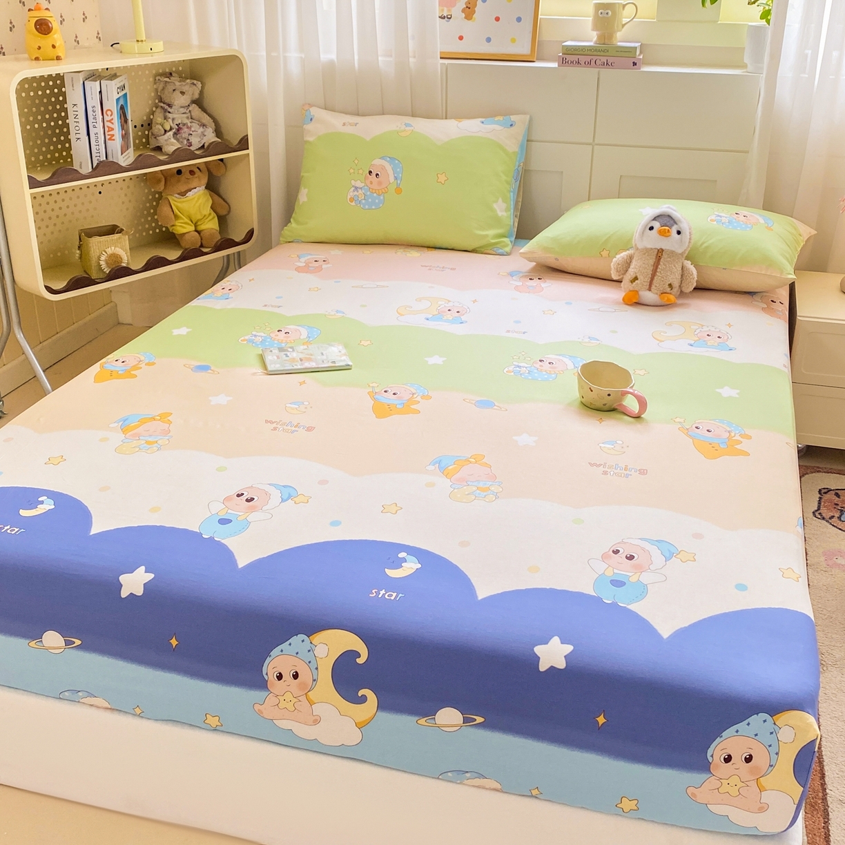 91家纺网 家纺一手货源 找家纺 博雅 2026新款全棉纯棉小卡通印花单床笠床笠单件 小版-魔法棒星星人