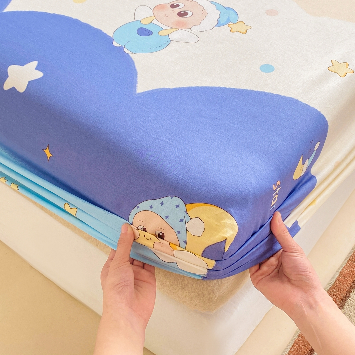 91家纺网 家纺一手货源 找家纺 博雅 2026新款全棉纯棉小卡通印花单床笠床笠单件 小版-魔法棒星星人