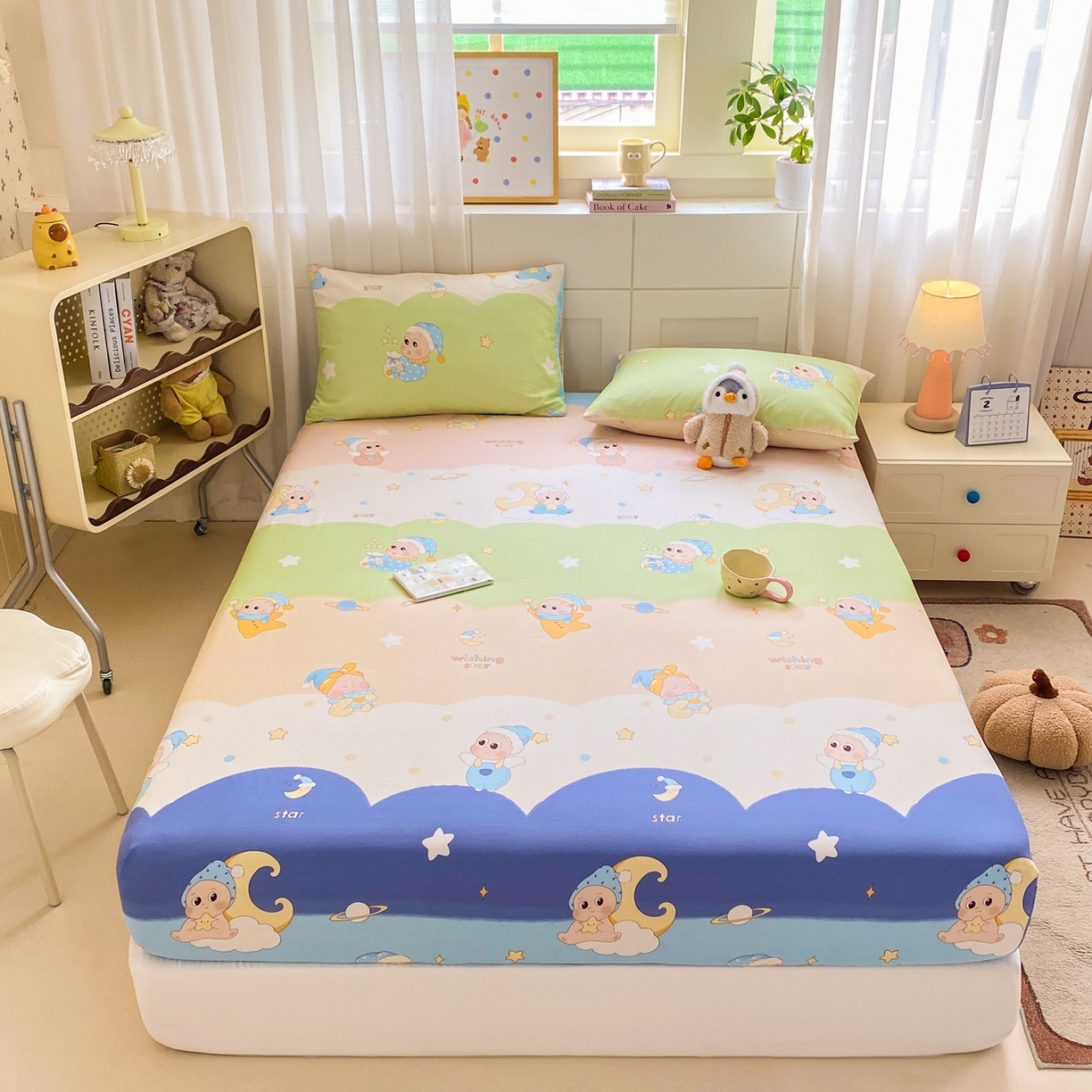 91家纺网 家纺一手货源 找家纺 博雅 2026新款全棉纯棉小卡通印花单床笠床笠单件 小版-魔法棒星星人