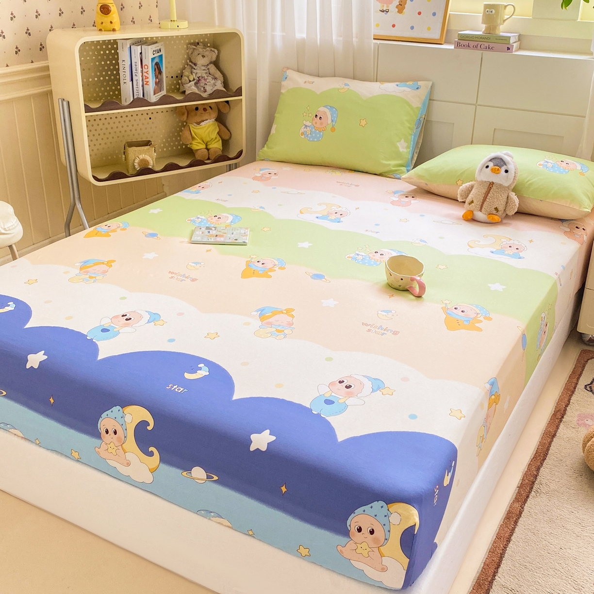 91家纺网 家纺一手货源 找家纺 博雅 2026新款全棉纯棉小卡通印花单床笠床笠单件 小版-魔法棒星星人