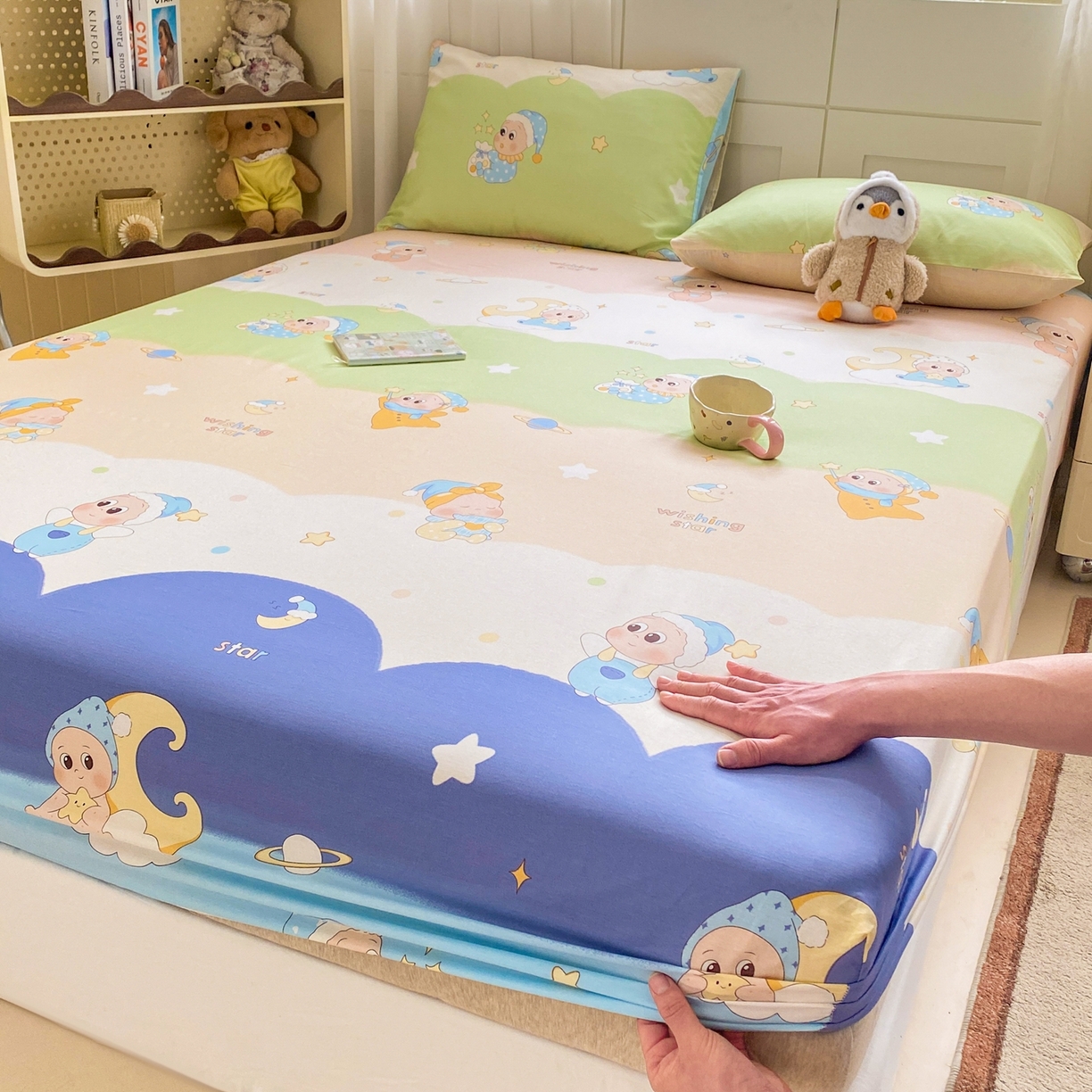 91家纺网 家纺一手货源 找家纺 博雅 2026新款全棉纯棉小卡通印花单床笠床笠单件 小版-魔法棒星星人