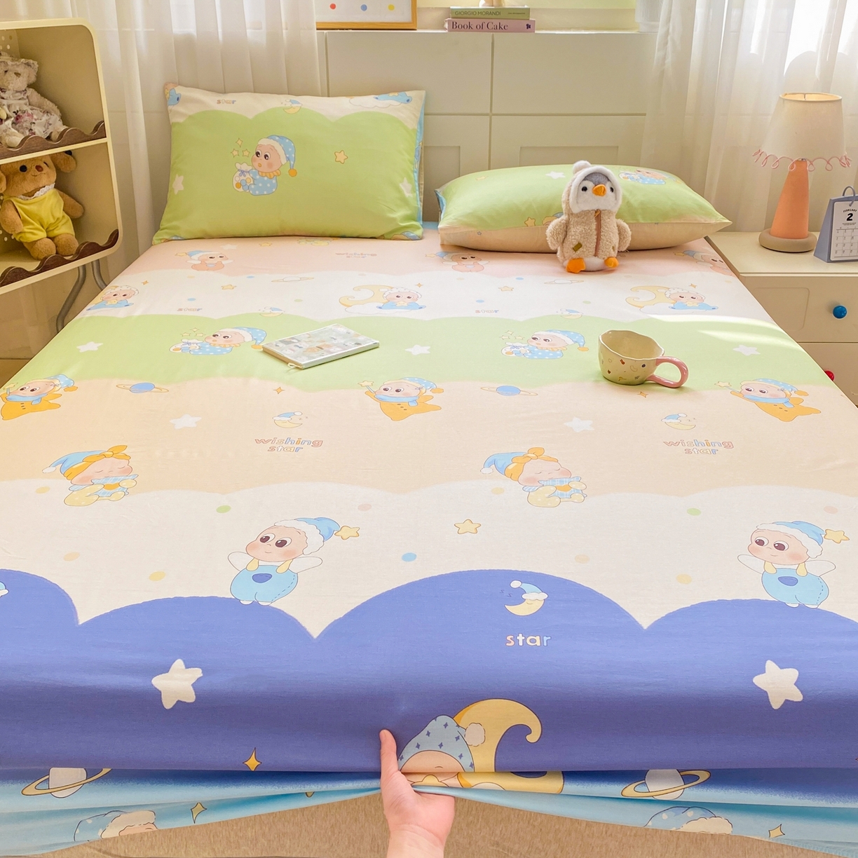 91家纺网 家纺一手货源 找家纺 博雅 2026新款全棉纯棉小卡通印花单床笠床笠单件 小版-魔法棒星星人