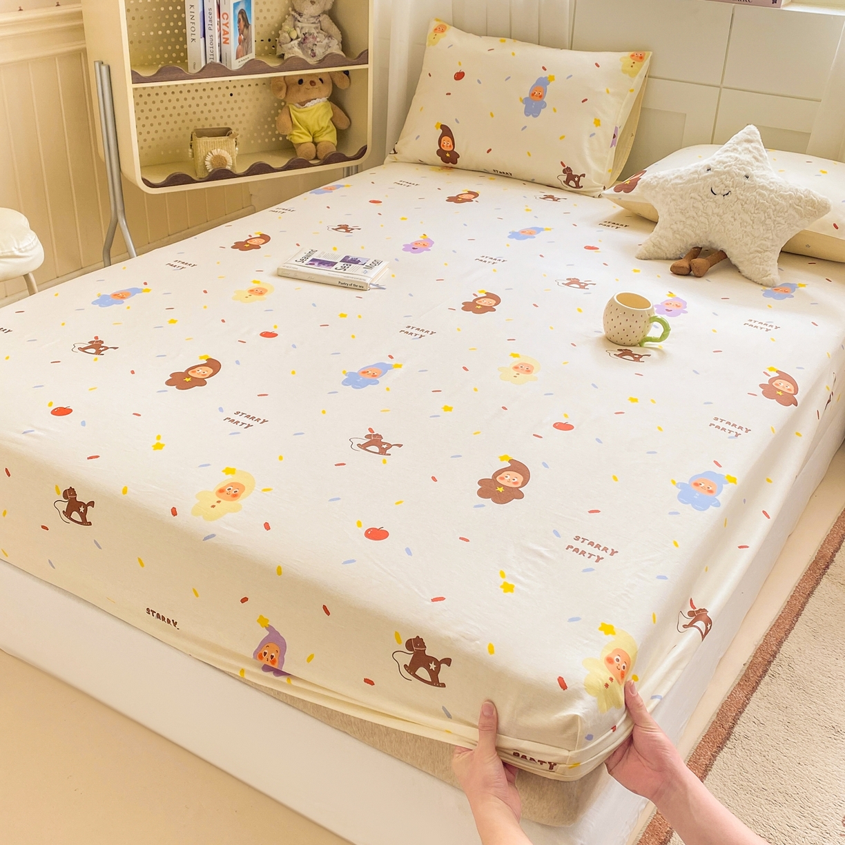 博雅 2026新款全棉纯棉小卡通印花单床笠床笠单件 小版-苹果彩带星星人