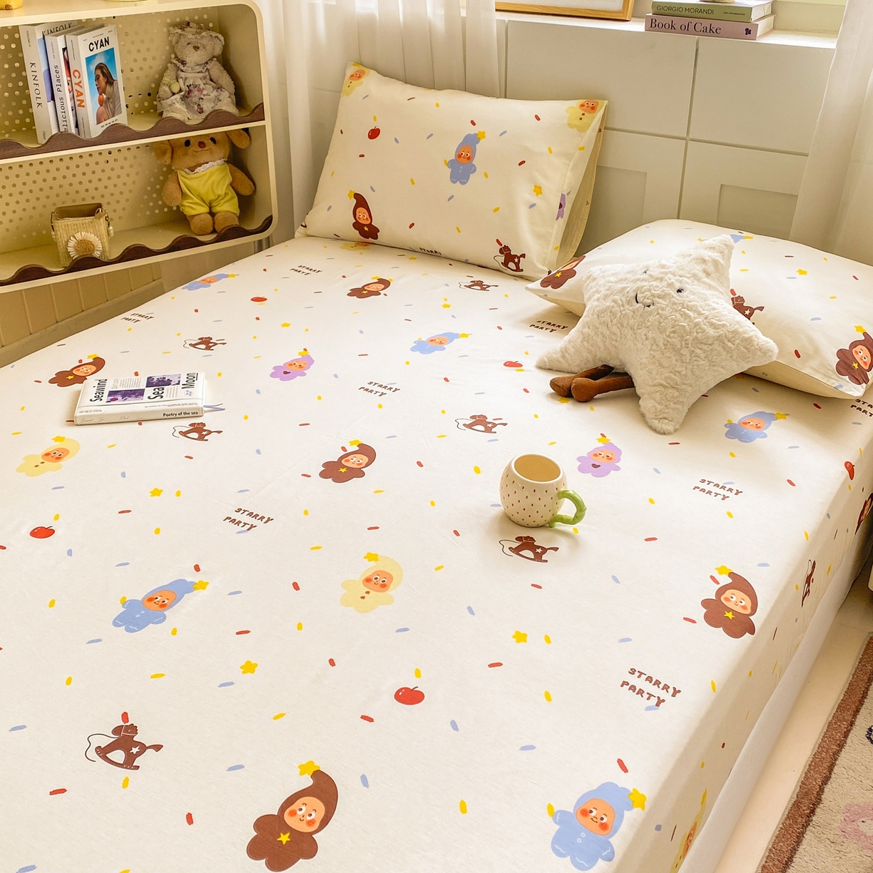 91家纺网 家纺一手货源 找家纺 博雅 2026新款全棉纯棉小卡通印花单床笠床笠单件 小版-苹果彩带星星人