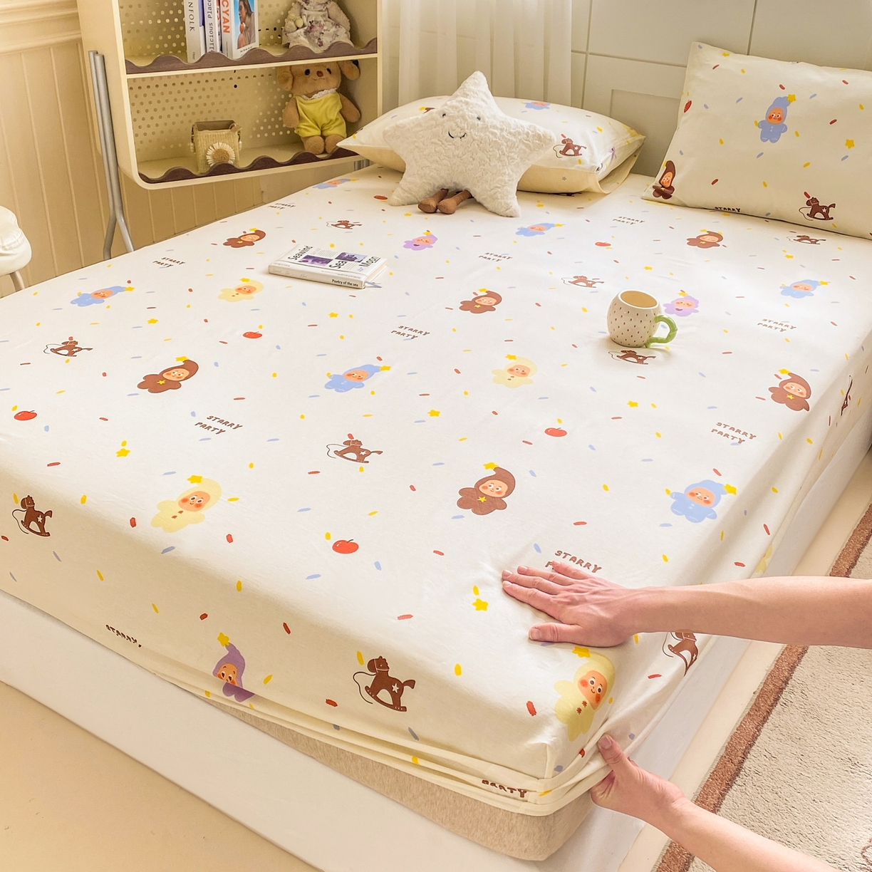 91家纺网 家纺一手货源 找家纺 博雅 2026新款全棉纯棉小卡通印花单床笠床笠单件 小版-苹果彩带星星人