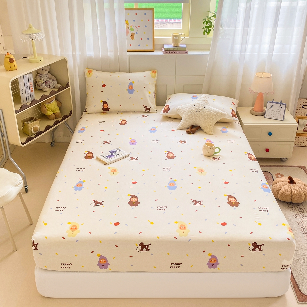 91家纺网 家纺一手货源 找家纺 博雅 2026新款全棉纯棉小卡通印花单床笠床笠单件 小版-苹果彩带星星人