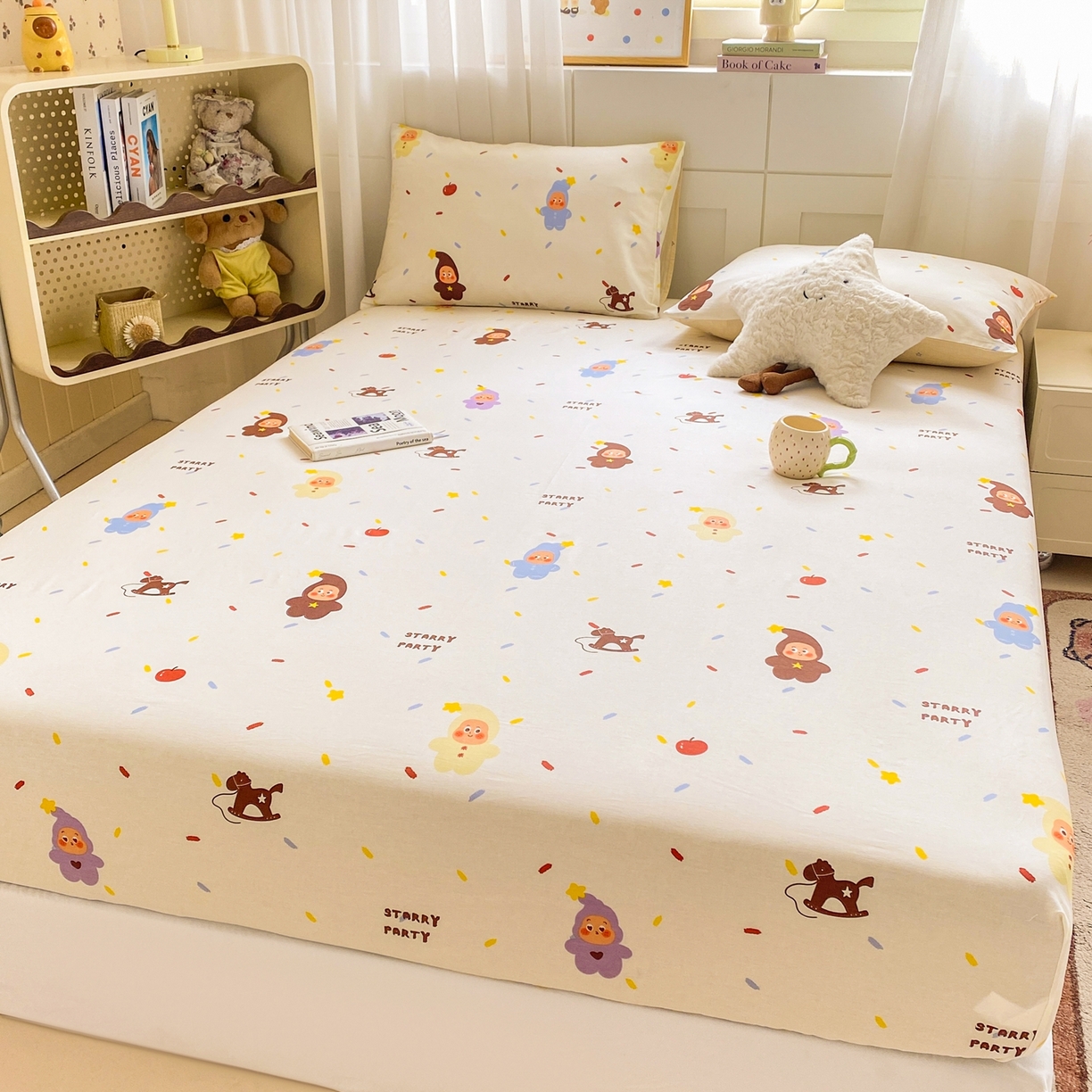 91家纺网 家纺一手货源 找家纺 博雅 2026新款全棉纯棉小卡通印花单床笠床笠单件 小版-苹果彩带星星人