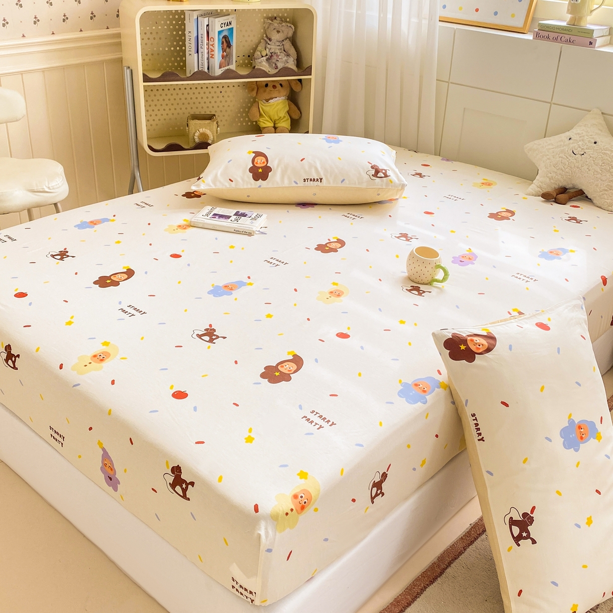 91家纺网 家纺一手货源 找家纺 博雅 2026新款全棉纯棉小卡通印花单床笠床笠单件 小版-苹果彩带星星人