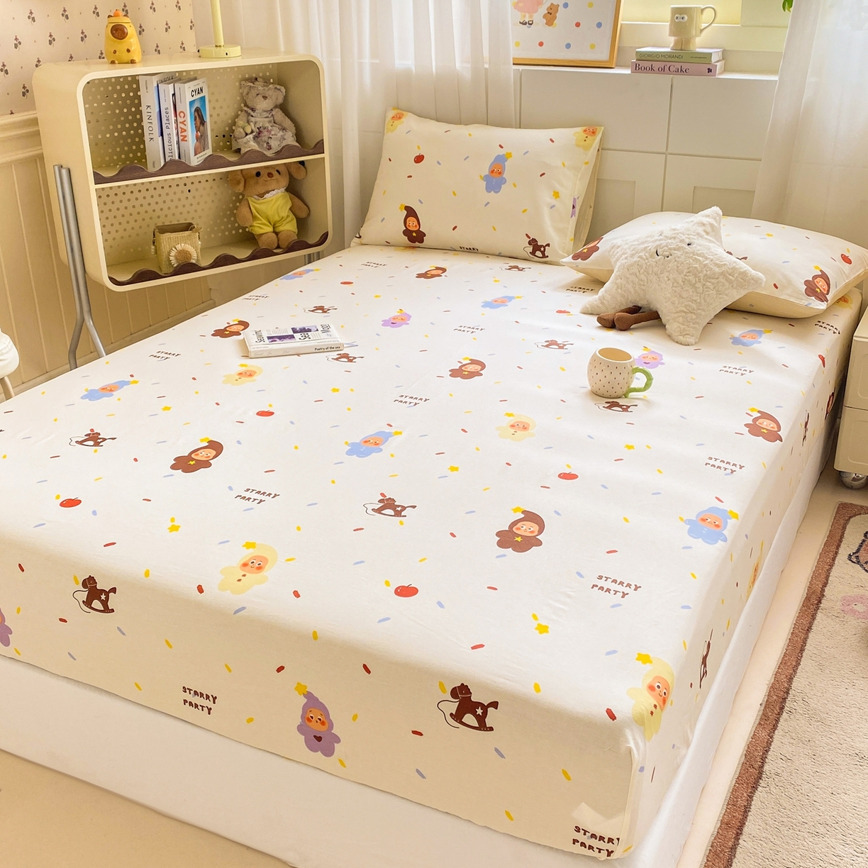 91家纺网 家纺一手货源 找家纺 博雅 2026新款全棉纯棉小卡通印花单床笠床笠单件 小版-苹果彩带星星人