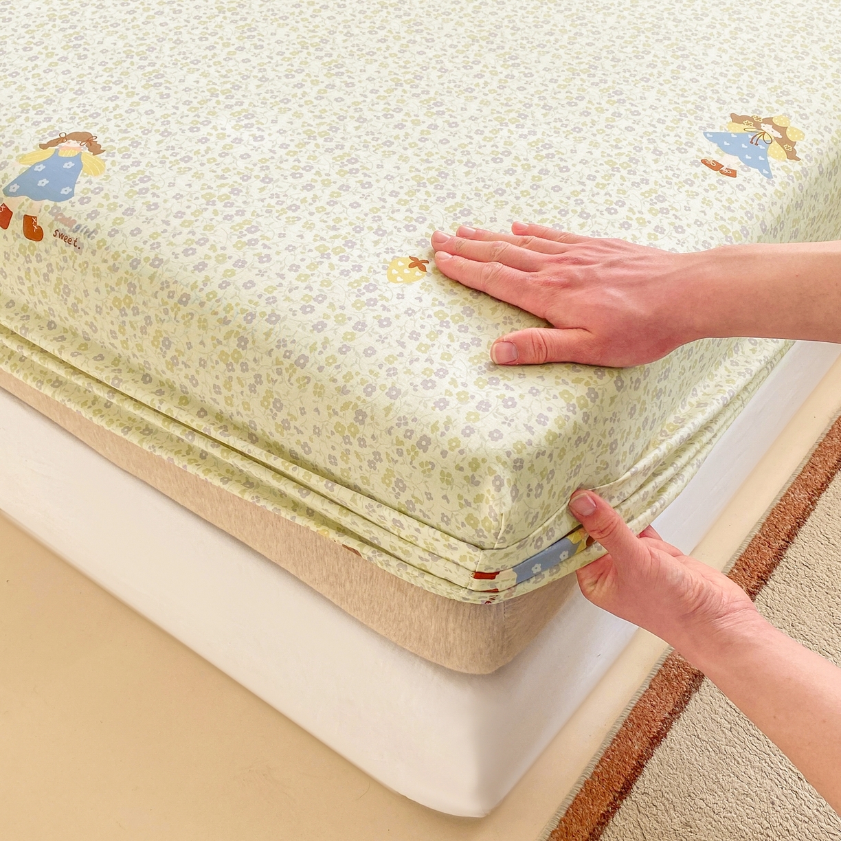 91家纺网 家纺一手货源 找家纺 博雅 2026新款全棉纯棉小卡通印花单床笠床笠单件 小版-森系女孩