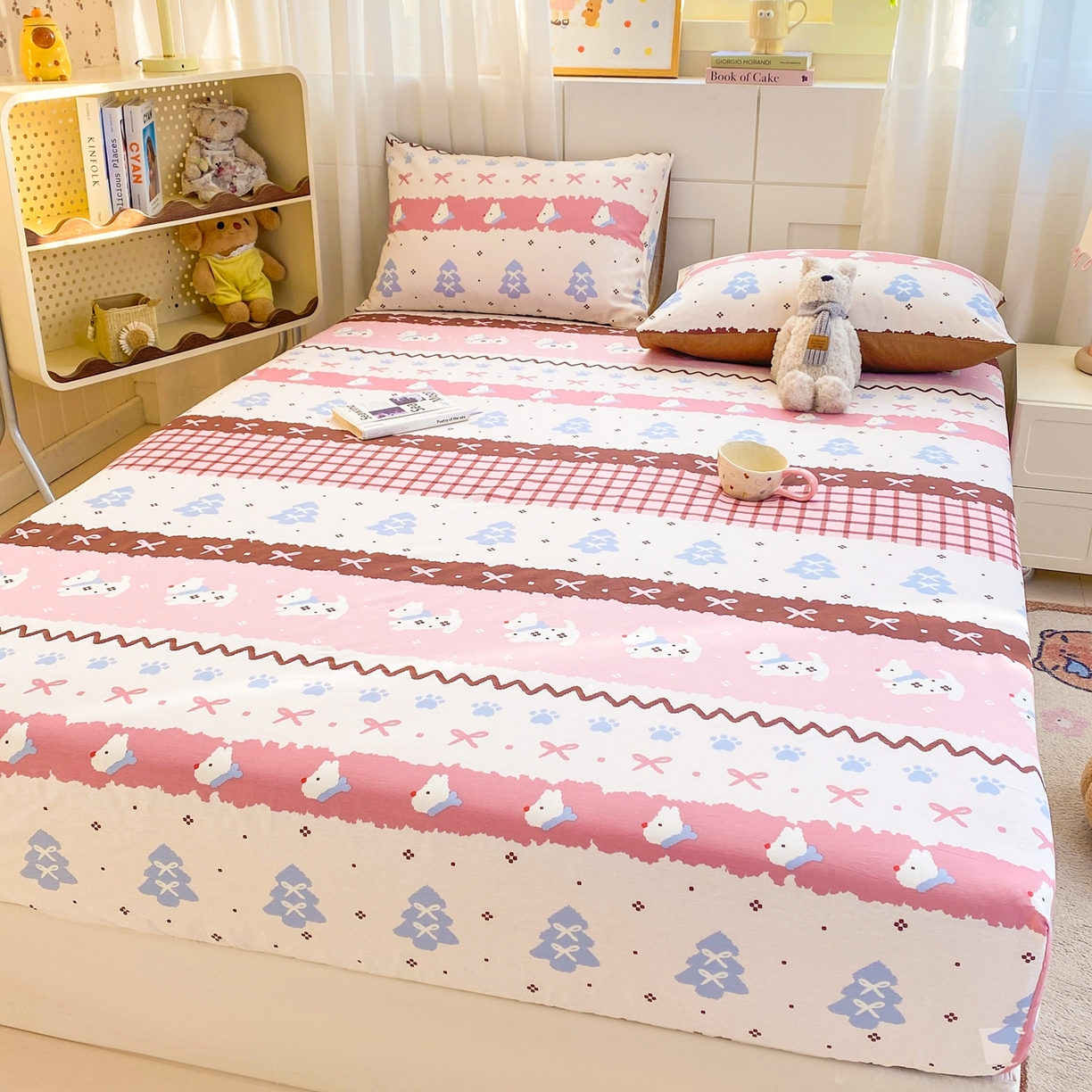 91家纺网 家纺一手货源 找家纺 博雅 2026新款全棉纯棉小卡通印花单床笠床笠单件 小版-雪地小狗-粉