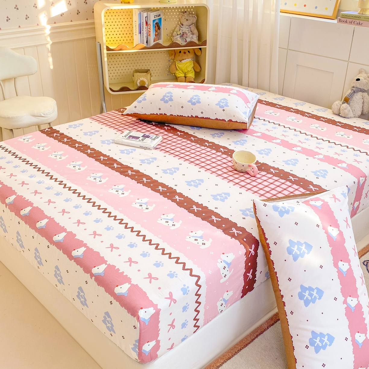 91家纺网 家纺一手货源 找家纺 博雅 2026新款全棉纯棉小卡通印花单床笠床笠单件 小版-雪地小狗-粉