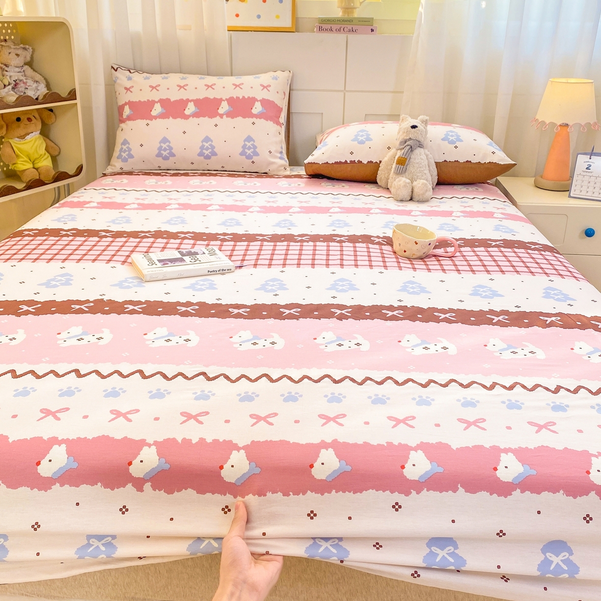 91家纺网 家纺一手货源 找家纺 博雅 2026新款全棉纯棉小卡通印花单床笠床笠单件 小版-雪地小狗-粉