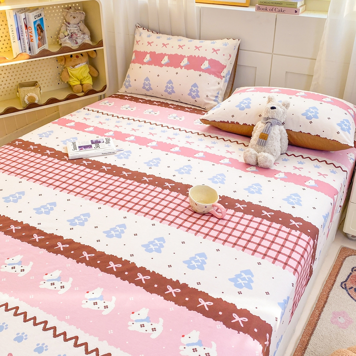 91家纺网 家纺一手货源 找家纺 博雅 2026新款全棉纯棉小卡通印花单床笠床笠单件 小版-雪地小狗-粉