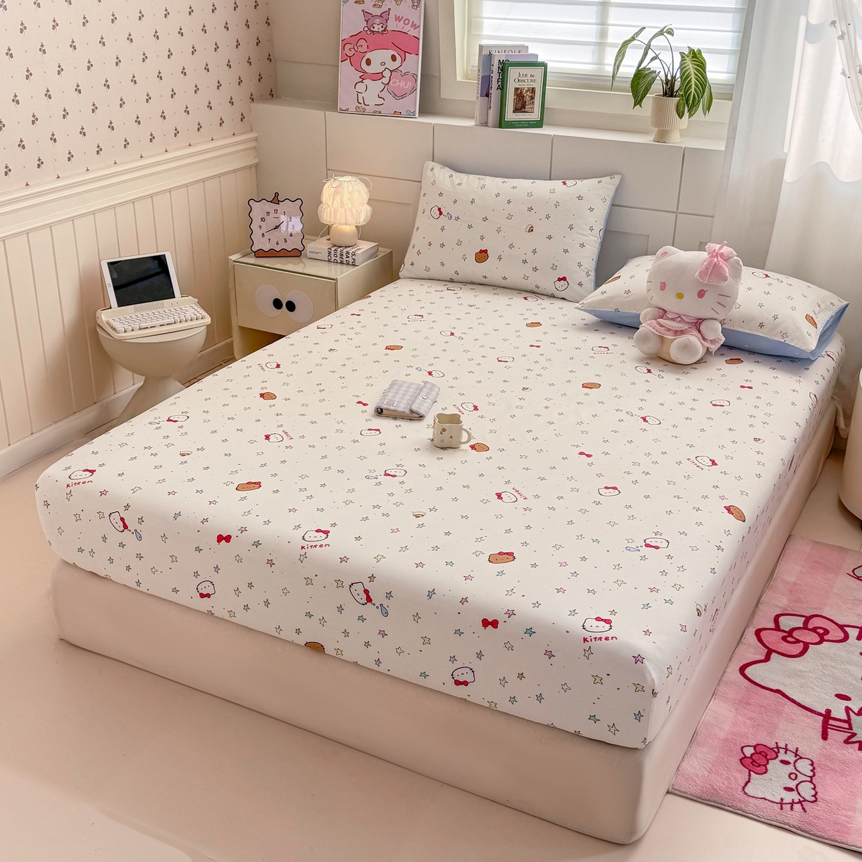 91家纺网 家纺一手货源 找家纺 博雅 2026新款全棉纯棉小卡通印花单床笠床笠单件 星星蝴蝶结猫