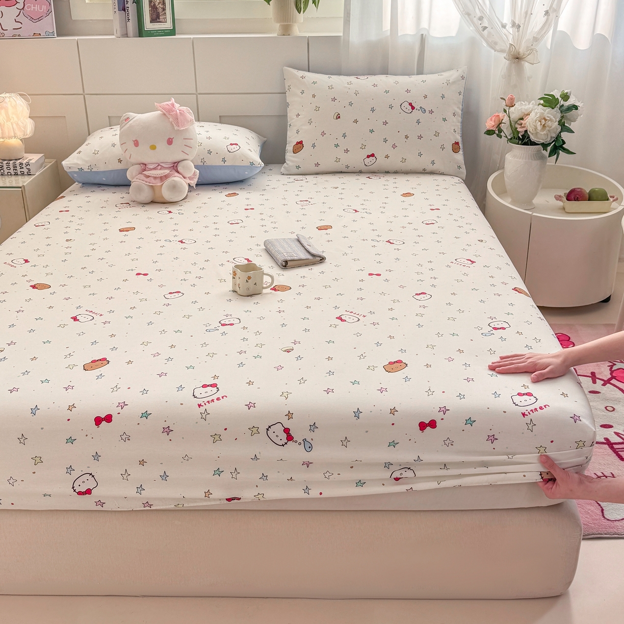 91家纺网 家纺一手货源 找家纺 博雅 2026新款全棉纯棉小卡通印花单床笠床笠单件 星星蝴蝶结猫