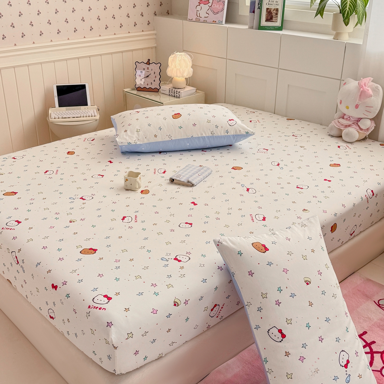 91家纺网 家纺一手货源 找家纺 博雅 2026新款全棉纯棉小卡通印花单床笠床笠单件 星星蝴蝶结猫