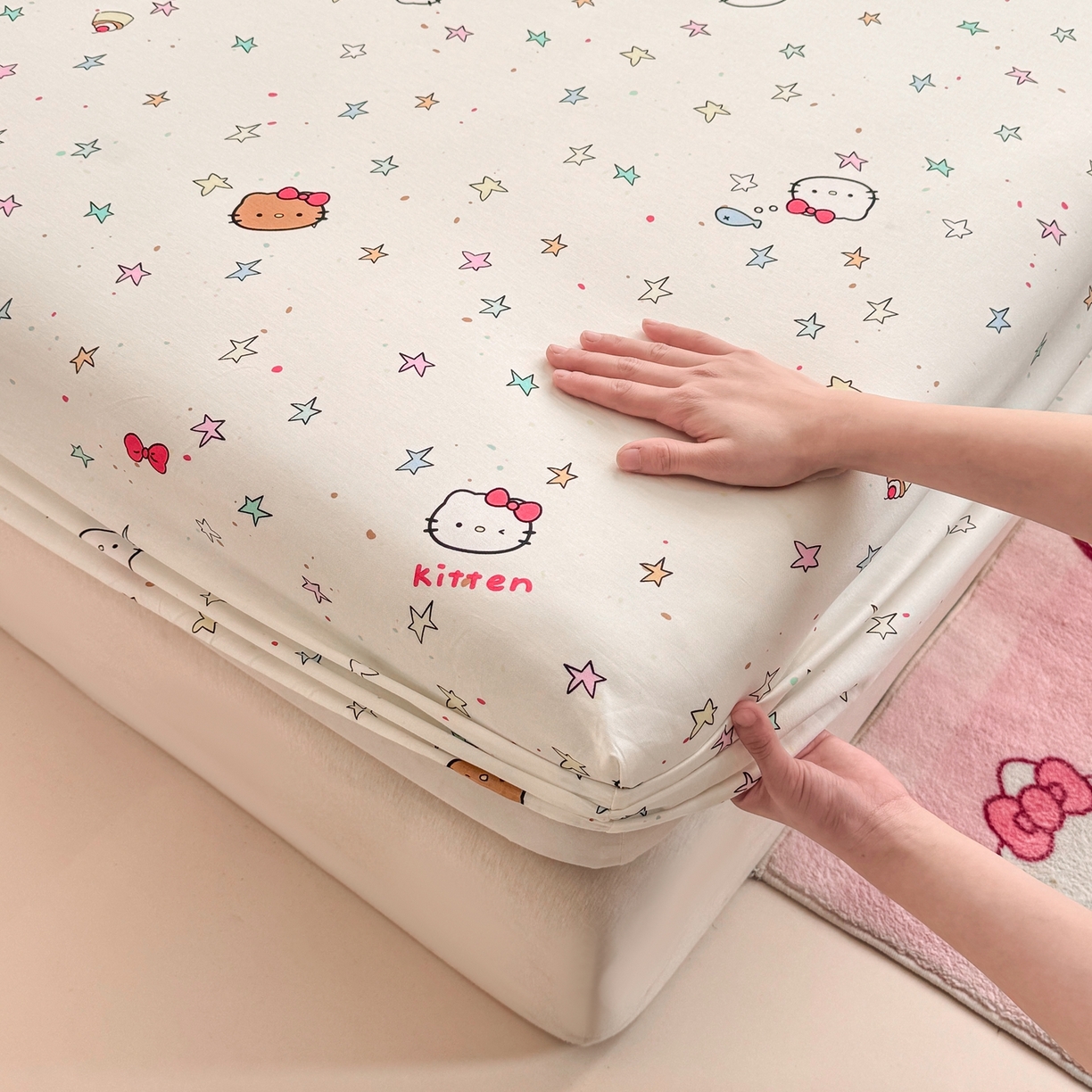 91家纺网 家纺一手货源 找家纺 博雅 2026新款全棉纯棉小卡通印花单床笠床笠单件 星星蝴蝶结猫