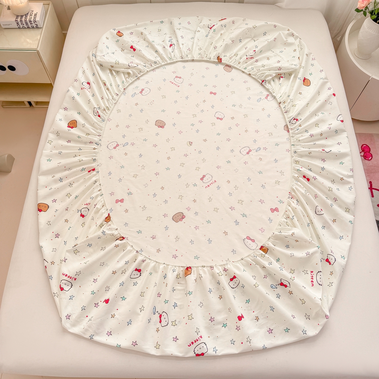 91家纺网 家纺一手货源 找家纺 博雅 2026新款全棉纯棉小卡通印花单床笠床笠单件 星星蝴蝶结猫