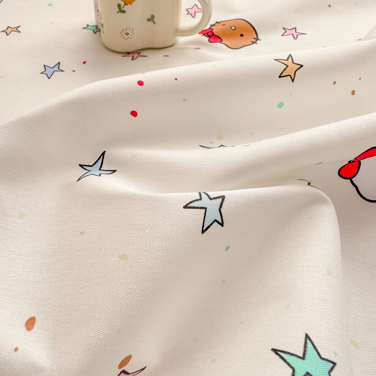 91家纺网 家纺一手货源 找家纺 博雅 2026新款全棉纯棉小卡通印花单床笠床笠单件 星星蝴蝶结猫