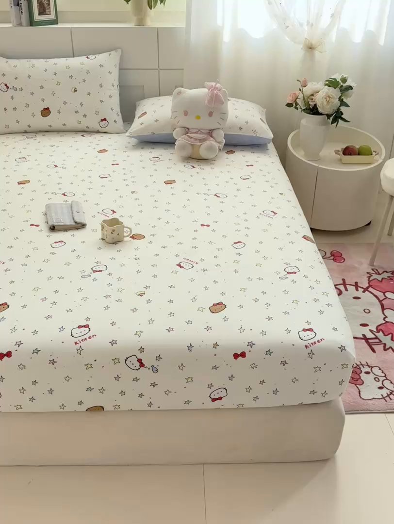 91家纺网 家纺一手货源 找家纺 博雅 2026新款全棉纯棉小卡通印花单床笠床笠单件 星星蝴蝶结猫