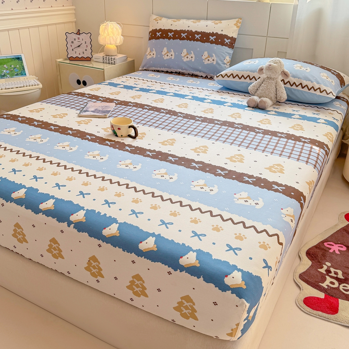 91家纺网 家纺一手货源 找家纺 博雅 2026新款全棉纯棉小卡通印花单床笠床笠单件 雪地小狗